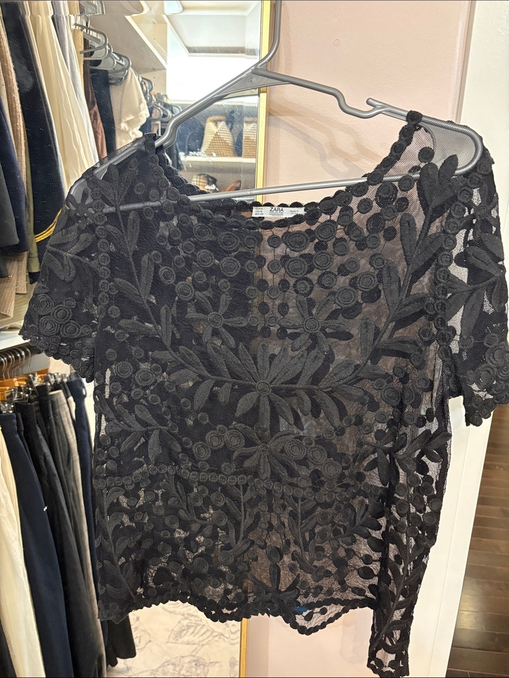 Zara Black Embroidered Floral Lace Tee